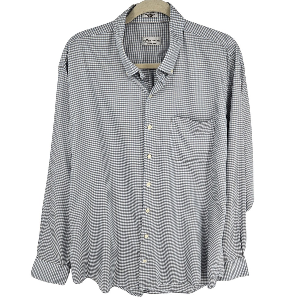 Peter Millar Shirt Mens XL Blue Brown Check Crown Soft Button Front Casual